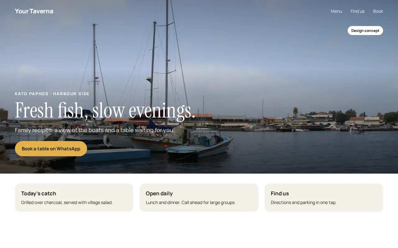 Sample one-page website for a fictional harbour-side taverna, on laptop and phone