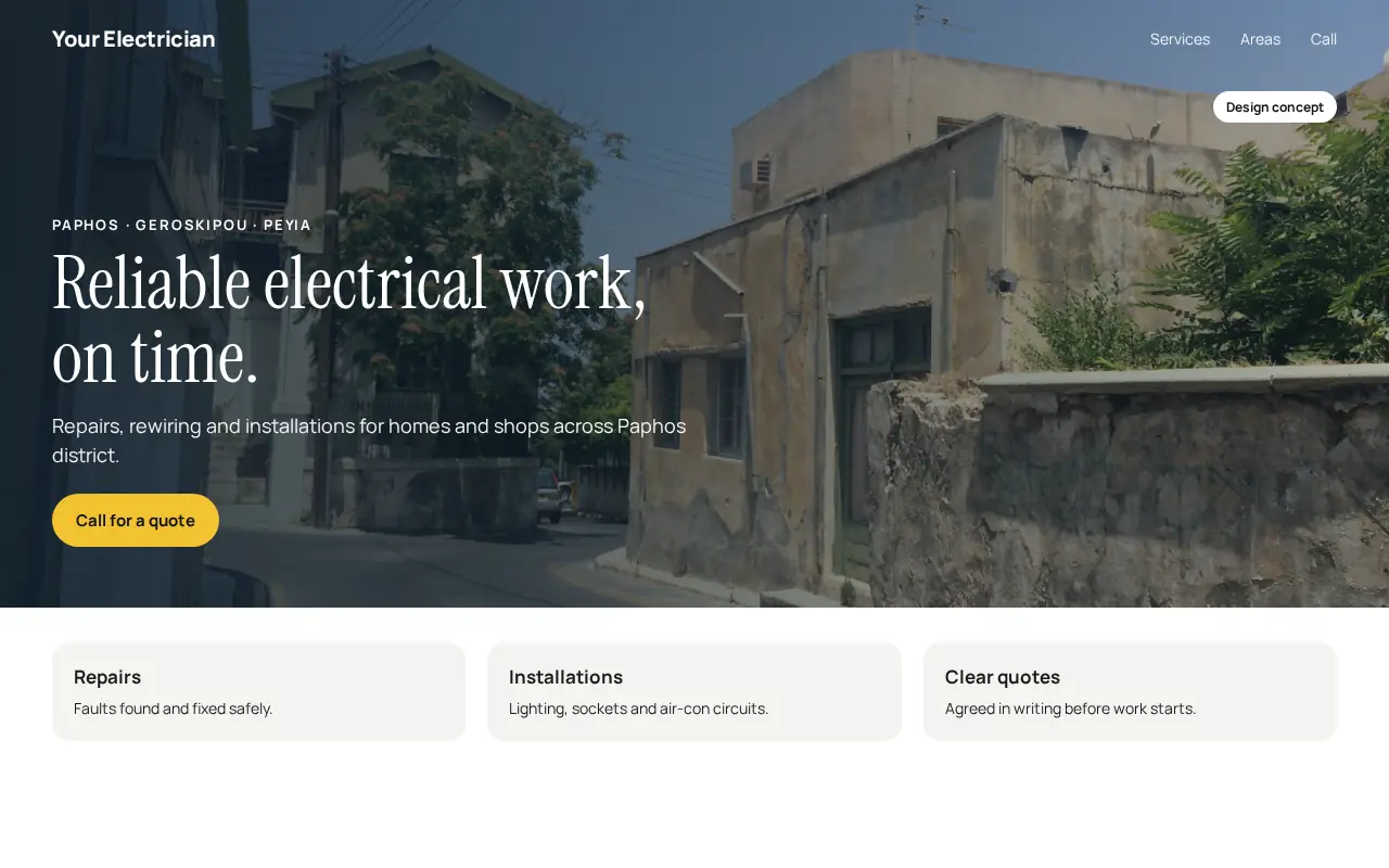 Sample one-page website for a fictional local electrician, on laptop and phone
