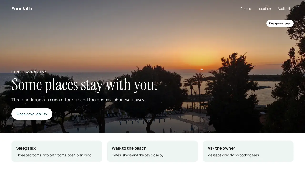 Sample one-page website for a fictional holiday villa, on laptop and phone